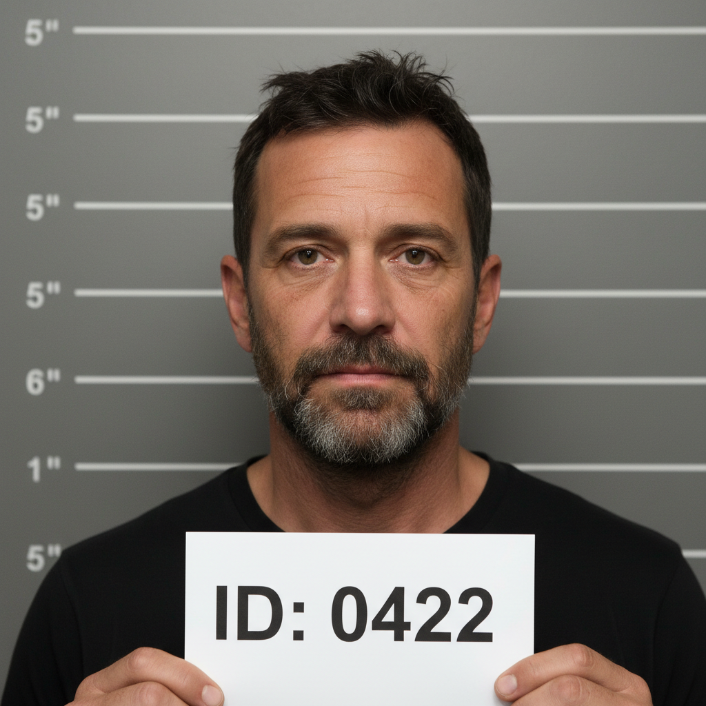 Police mugshot of a rugged man with stubble ID:0422