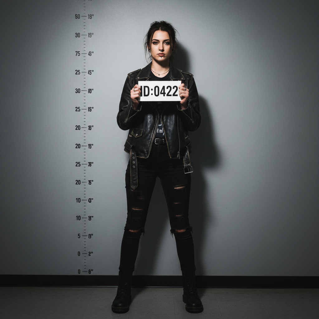 Police mugshot of a rebellious woman in a leather jacket ID:0422