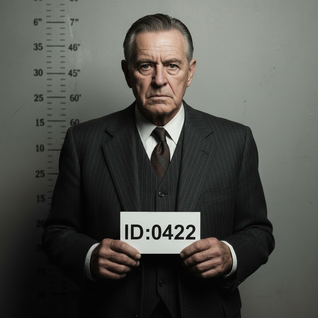 Police mugshot of an elderly man in a vintage suit ID:0422